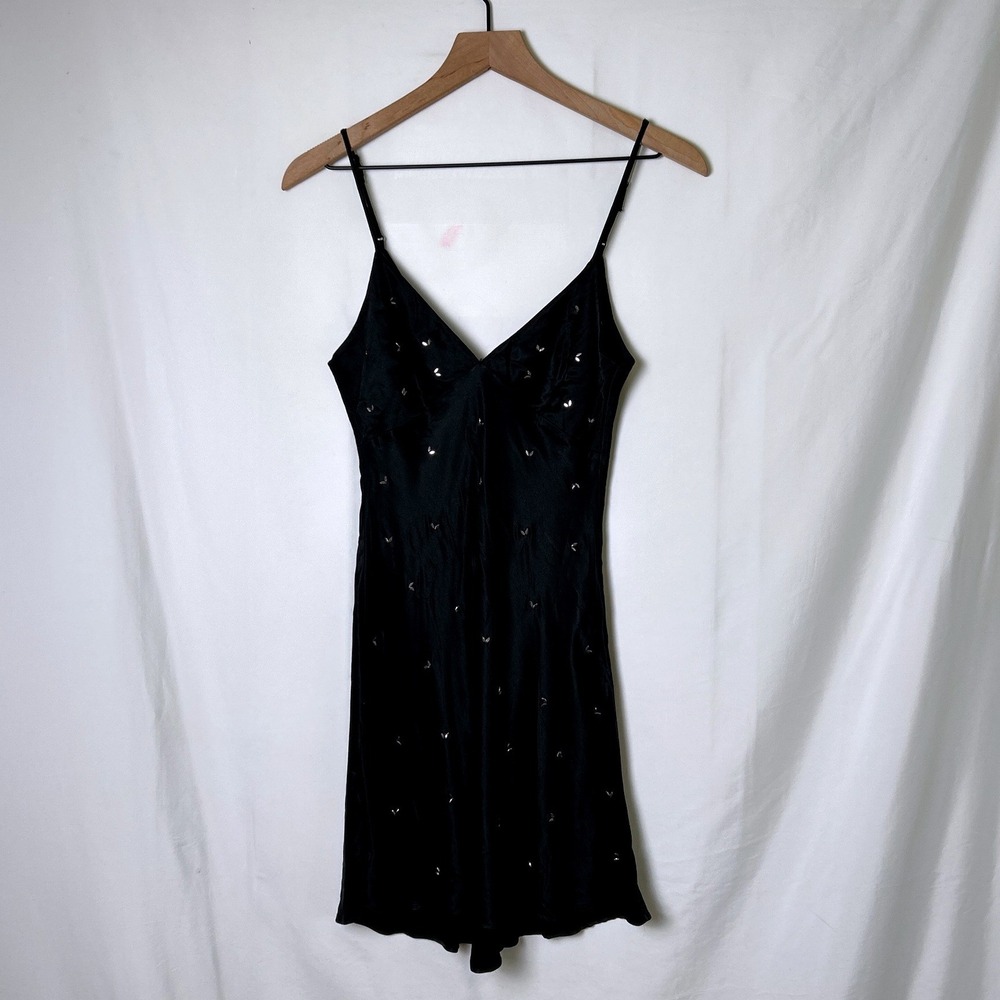 Zara Womens Rhinestone Leaf Satin Slip Dress Size S Black 90s Minimalist LBD NEW